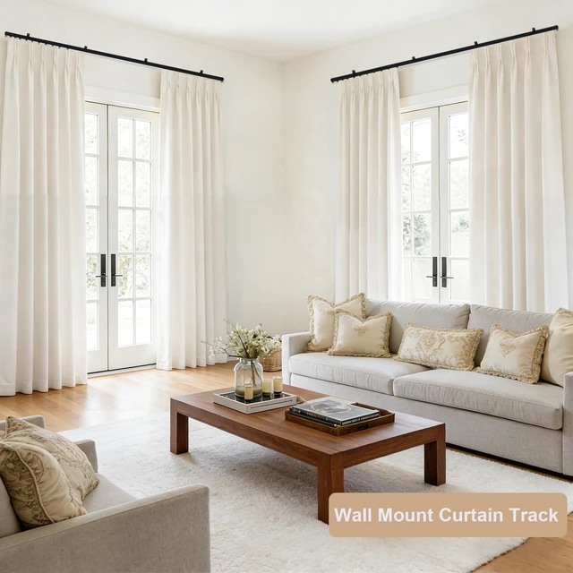 Alt view image 7 of 7 - Ceiling Curtain Track, Heavy Duty Curtain Tracks System for Room Divider, Wall Mount Sliding Curtain Rail with Clip and Hooks Set for Living Room, Bedroom, Shower, Outdoor, Black, 15ft-18ft