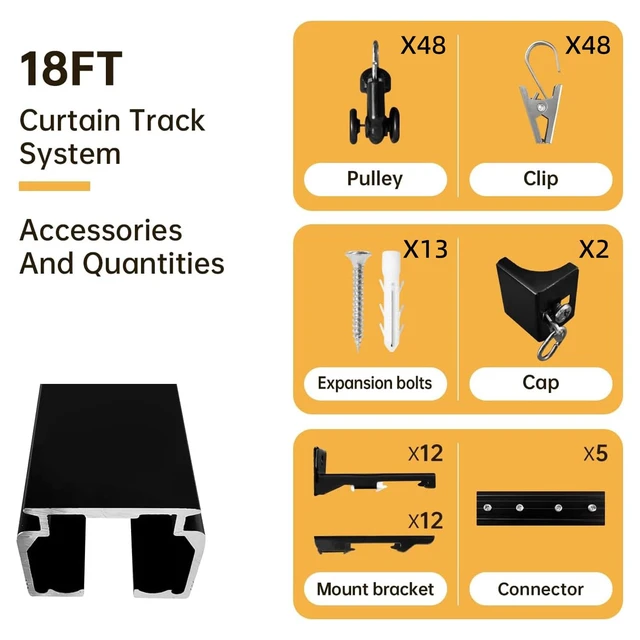 Alt view image 6 of 6 - Ceiling Curtain Track,Curtain Track Wall Mounted,Ceiling Mount Rail Room Divider Tracks Extra Long Curtains Rod for Living Room Bedroom Patio Sliding Door Curtains with Clips,Black 18ft