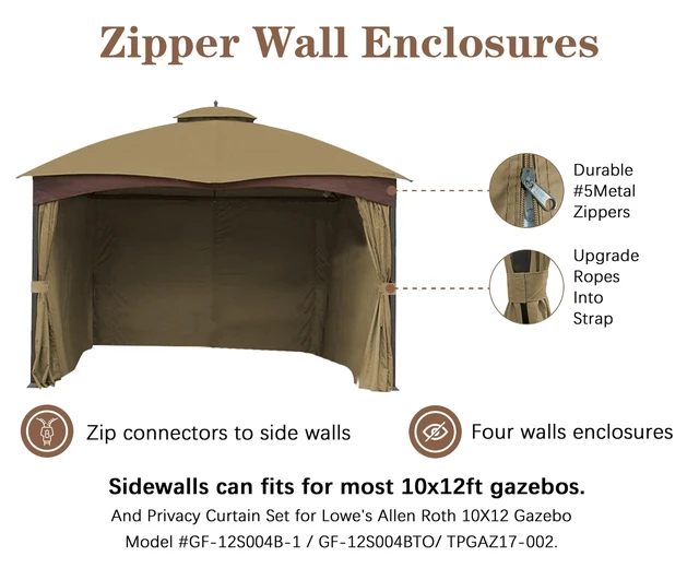 Alt view image 3 of 7 - 10' x 12' Gazebo Privacy Curtain Set for Lowe's Allen Roth 10X12 Gazebo Model #GF-12S004B-1 / GF-12S004BTO/ TPGAZ17-002,Beige