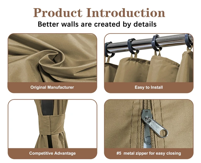 Alt view image 4 of 7 - 10' x 12' Gazebo Privacy Curtain Set for Lowe's Allen Roth 10X12 Gazebo Model #GF-12S004B-1 / GF-12S004BTO/ TPGAZ17-002,Beige