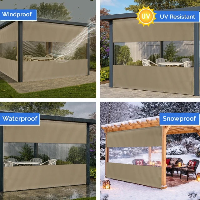 Alt view image 4 of 7 - Vinyl Outdoor Curtains for Patio Waterproof 12 oz Outdoor Clear Panel Curtains, Gazebo Curtains with Brass Grommets for Pergola, Porch & Patio Walls for Winter (7 x 10 ft, Beige)