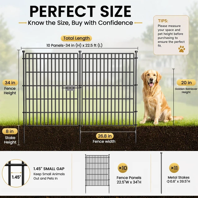 Alt view image 2 of 7 - No Dig Garden Fence, Dog Fencing Outdoor for Yard, 10 Panels with Gate | 34in(H) × 22.5ft(L) Rustproof Metal Animal Barrier Fence for Gardens, Patios and Decorative Flower Beds, Temporary Fencing