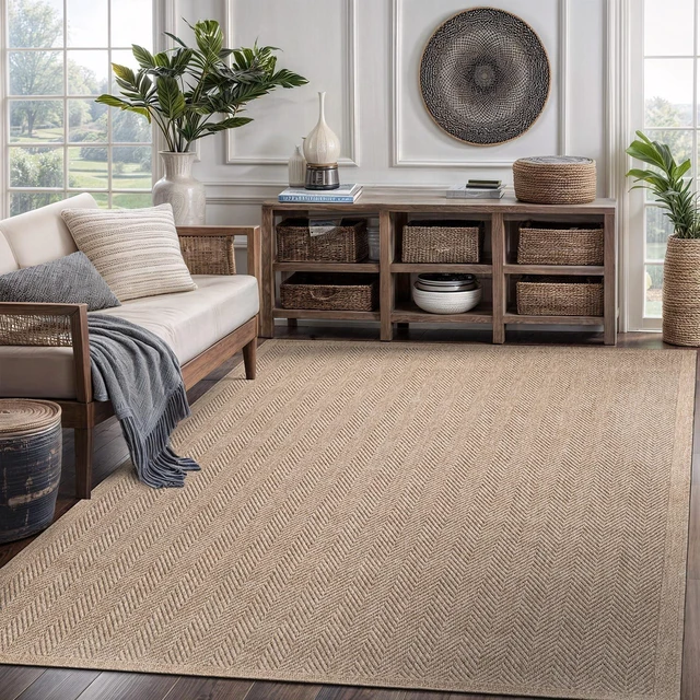Main image of Easy Jute Rug 5x7, Indoor Outdoor Natural Color Fiber Area Rugs for Living Room Patio and Bedroom Rug Herringbone Seagrass Woven Design Easy-Cleaning, Washable Outside Carpet Alfombras 5 x 7