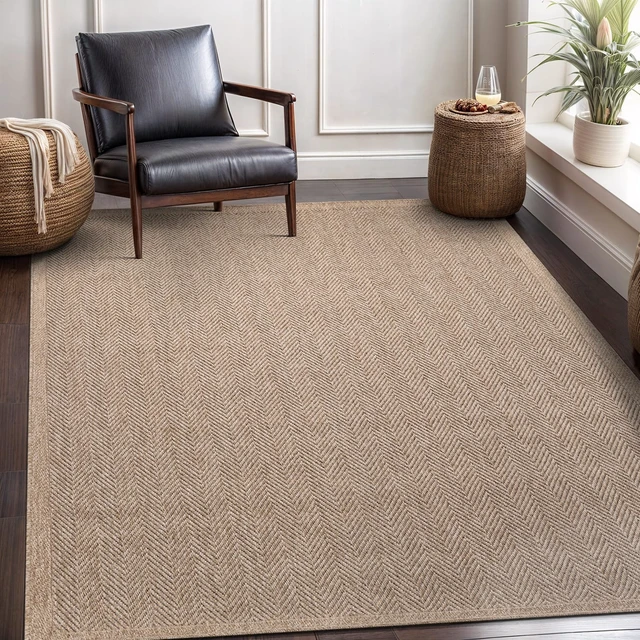 Alt view image 6 of 7 - Easy Jute Rug 5x7, Indoor Outdoor Natural Color Fiber Area Rugs for Living Room Patio and Bedroom Rug Herringbone Seagrass Woven Design Easy-Cleaning, Washable Outside Carpet Alfombras 5 x 7
