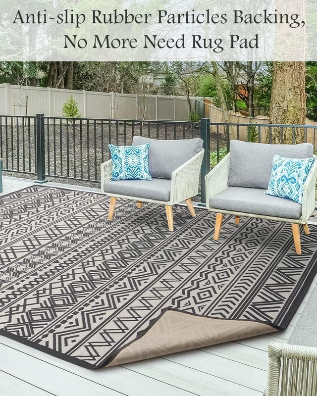 Alt view image 2 of 7 - Outdoor Rug Carpet 9x12 ft, Flatweave Textured Outdoor Patio Rug Non Slip Indoor Outdoor Rugs with Rubber Particles Backing Boho Outdoor Area Rug for Patio Deck Front Porch Backyard Balcony