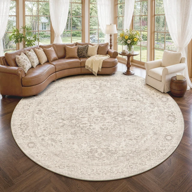 Main image of 8ft Round Washable Beige Neutral Oriental Living Room Area Rug | Cream Circle Distressed Vintage Non Slip Low Pile Soft Thin Small Accent Indoor Carpet Bedroom Dining Room Table Living Room