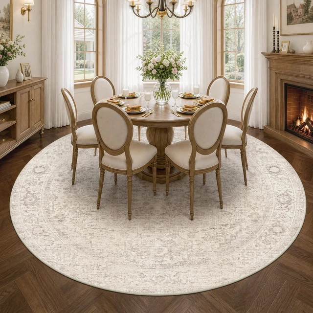 Alt view image 2 of 7 - 8ft Round Washable Beige Neutral Oriental Living Room Area Rug | Cream Circle Distressed Vintage Non Slip Low Pile Soft Thin Small Accent Indoor Carpet Bedroom Dining Room Table Living Room
