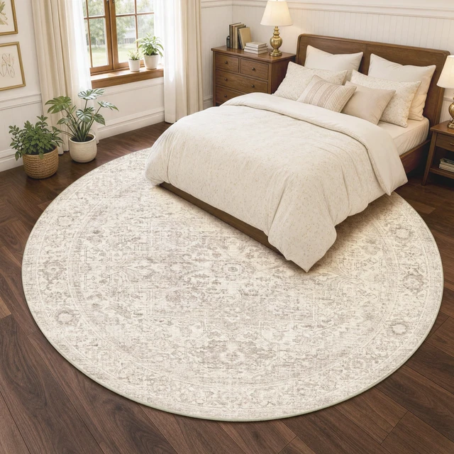 Alt view image 3 of 7 - 8ft Round Washable Beige Neutral Oriental Living Room Area Rug | Cream Circle Distressed Vintage Non Slip Low Pile Soft Thin Small Accent Indoor Carpet Bedroom Dining Room Table Living Room