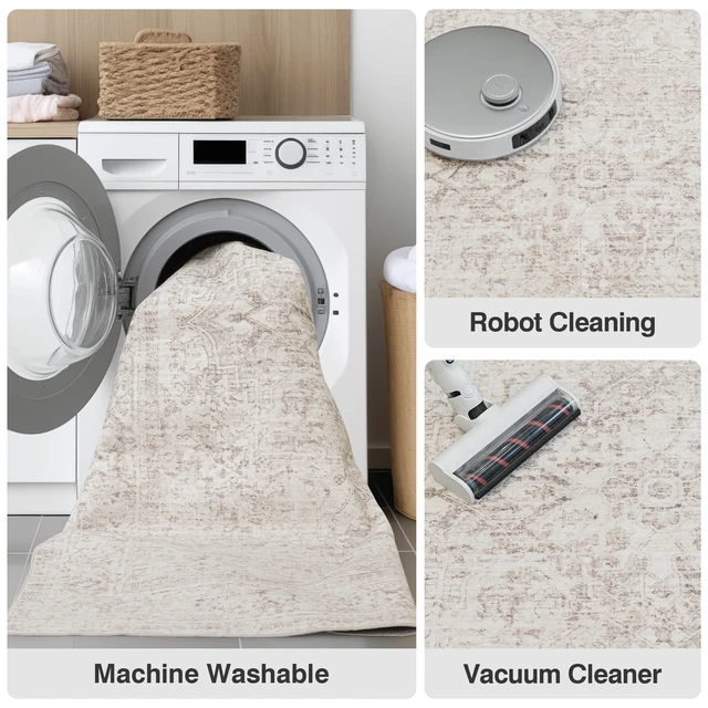 Alt view image 5 of 7 - 8ft Round Washable Beige Neutral Oriental Living Room Area Rug | Cream Circle Distressed Vintage Non Slip Low Pile Soft Thin Small Accent Indoor Carpet Bedroom Dining Room Table Living Room