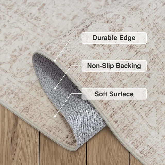 Alt view image 6 of 7 - 8ft Round Washable Beige Neutral Oriental Living Room Area Rug | Cream Circle Distressed Vintage Non Slip Low Pile Soft Thin Small Accent Indoor Carpet Bedroom Dining Room Table Living Room