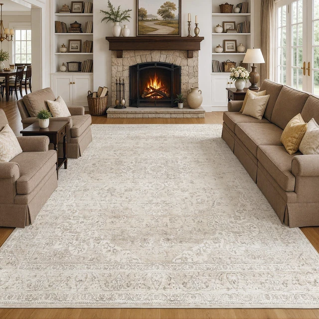 Main image of 8x10 Washable Beige Neutral Vintage Soft Area Rug for Living Room | Cream Distressed Oriental Retro Traditional Floral Accent Non Slip Low Pile Thin Large Indoor Carpet Bedroom Dining Room