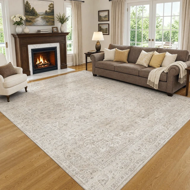 Alt view image 2 of 7 - 8x10 Washable Beige Neutral Vintage Soft Area Rug for Living Room | Cream Distressed Oriental Retro Traditional Floral Accent Non Slip Low Pile Thin Large Indoor Carpet Bedroom Dining Room