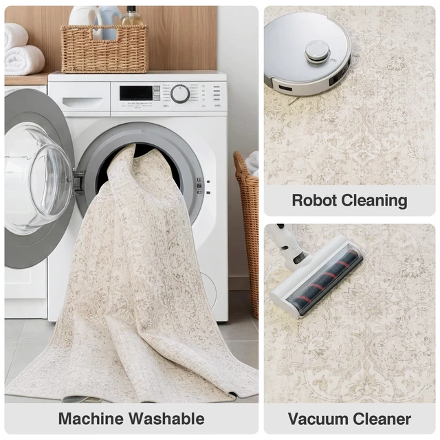 Alt view image 4 of 7 - 8x10 Washable Beige Neutral Vintage Soft Area Rug for Living Room | Cream Distressed Oriental Retro Traditional Floral Accent Non Slip Low Pile Thin Large Indoor Carpet Bedroom Dining Room