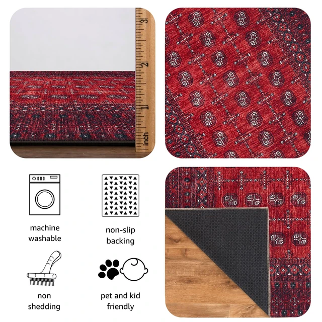 Alt view image 7 of 7 - Vintage Washable Area Rug, Non-Slip Low Pile, 4x6 | Machine Washable Cotton Chenille, 0.25In Low Pile, Rubber Non-Slip Back; Kitchen, Entryway, Bedroom, Dining Room
