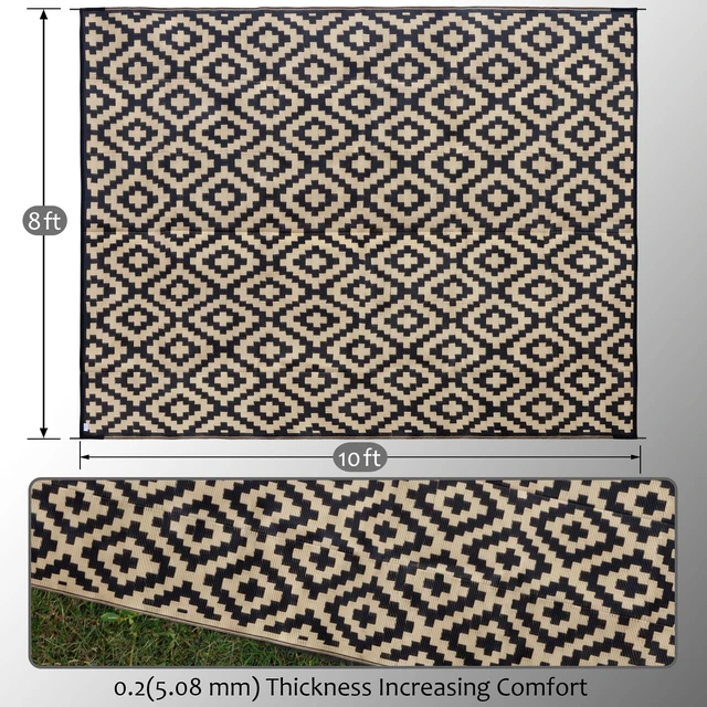 Alt view image 2 of 7 - Waterproof Outdoor Rug 8x10 ft, Plastic Reversible Rug, Modern Area Rug, Large Floor Mat for Outdoors, RV, Patio, Backyard, Deck, Picnic, Beach, Camping, Black & Beige