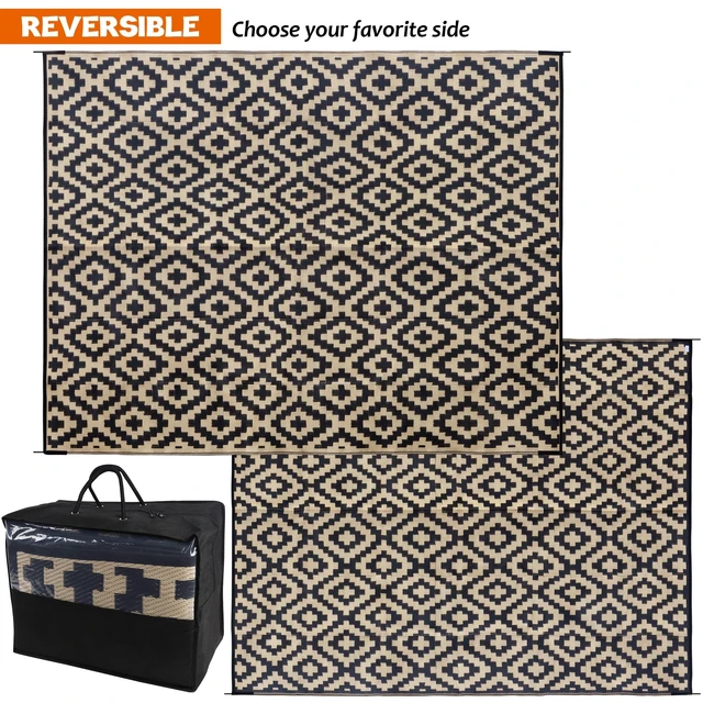 Alt view image 3 of 7 - Waterproof Outdoor Rug 8x10 ft, Plastic Reversible Rug, Modern Area Rug, Large Floor Mat for Outdoors, RV, Patio, Backyard, Deck, Picnic, Beach, Camping, Black & Beige
