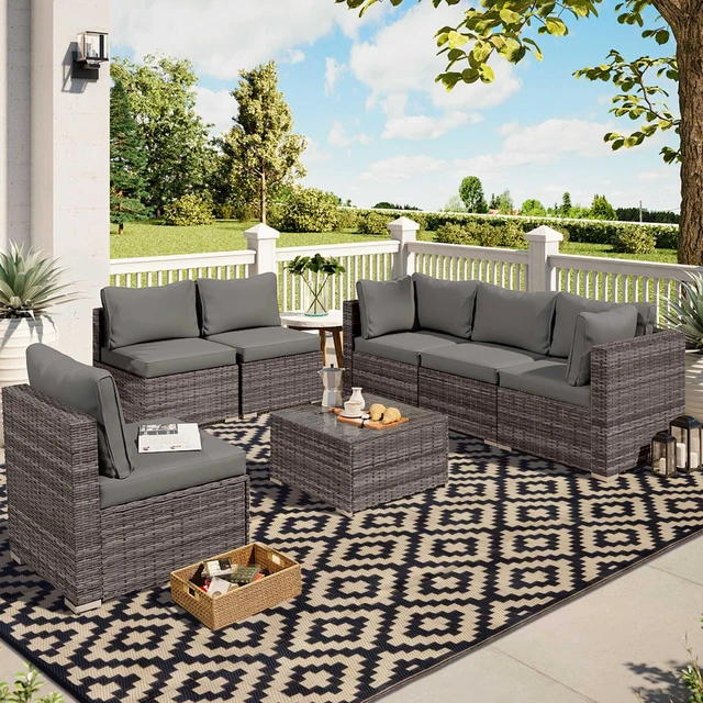 Alt view image 5 of 7 - Waterproof Outdoor Rug 8x10 ft, Plastic Reversible Rug, Modern Area Rug, Large Floor Mat for Outdoors, RV, Patio, Backyard, Deck, Picnic, Beach, Camping, Black & Beige