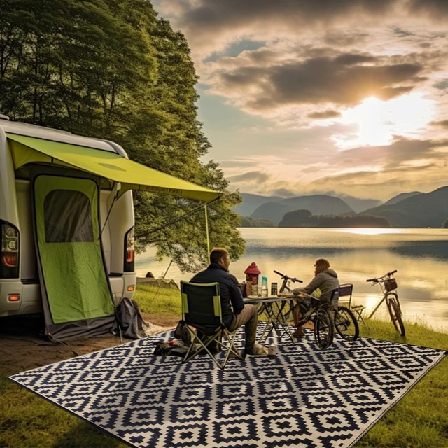 Alt view image 7 of 7 - Waterproof Outdoor Rug 8x10 ft, Plastic Reversible Rug, Modern Area Rug, Large Floor Mat for Outdoors, RV, Patio, Backyard, Deck, Picnic, Beach, Camping, Black & Beige