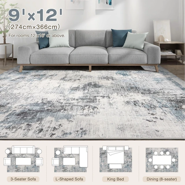 Alt view image 2 of 7 - Washable 9x12 Area Rugs for Living Room: Abstract Modern Home Decor Rug | Soft Stain Resistant, Non-Slip, Pet & Kid Friendly - Large Carpet for Bedroom/Dining Room/Office/Nursery Grey Blue