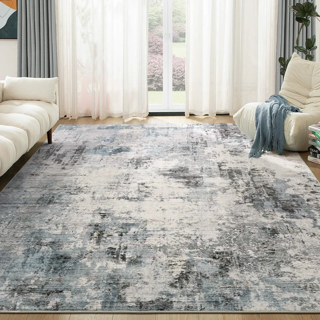 Alt view image 5 of 7 - Washable 9x12 Area Rugs for Living Room: Abstract Modern Home Decor Rug | Soft Stain Resistant, Non-Slip, Pet & Kid Friendly - Large Carpet for Bedroom/Dining Room/Office/Nursery Grey Blue