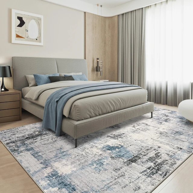 Alt view image 3 of 7 - Washable 9x12 Area Rugs for Living Room: Abstract Modern Home Decor Rug | Soft Stain Resistant, Non-Slip, Pet & Kid Friendly - Large Carpet for Bedroom/Dining Room/Office/Nursery Grey Blue
