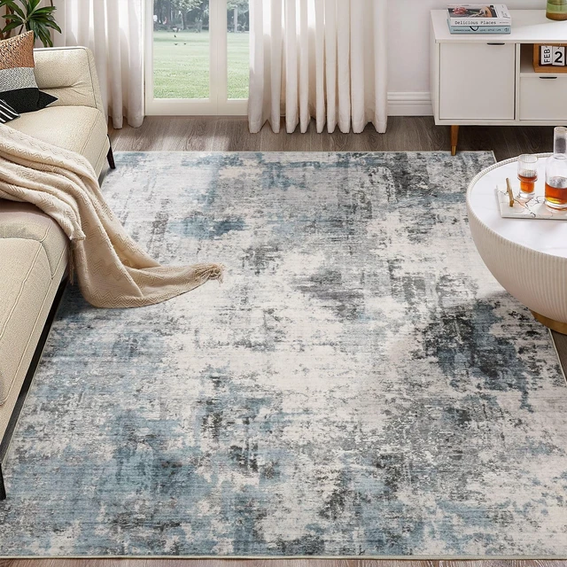 Alt view image 6 of 7 - Washable 9x12 Area Rugs for Living Room: Abstract Modern Home Decor Rug | Soft Stain Resistant, Non-Slip, Pet & Kid Friendly - Large Carpet for Bedroom/Dining Room/Office/Nursery Grey Blue