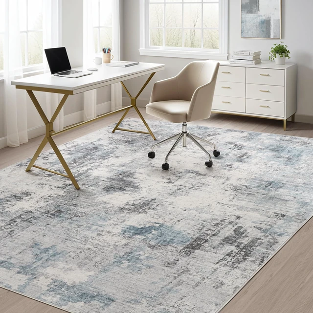 Alt view image 7 of 7 - Washable 9x12 Area Rugs for Living Room: Abstract Modern Home Decor Rug | Soft Stain Resistant, Non-Slip, Pet & Kid Friendly - Large Carpet for Bedroom/Dining Room/Office/Nursery Grey Blue