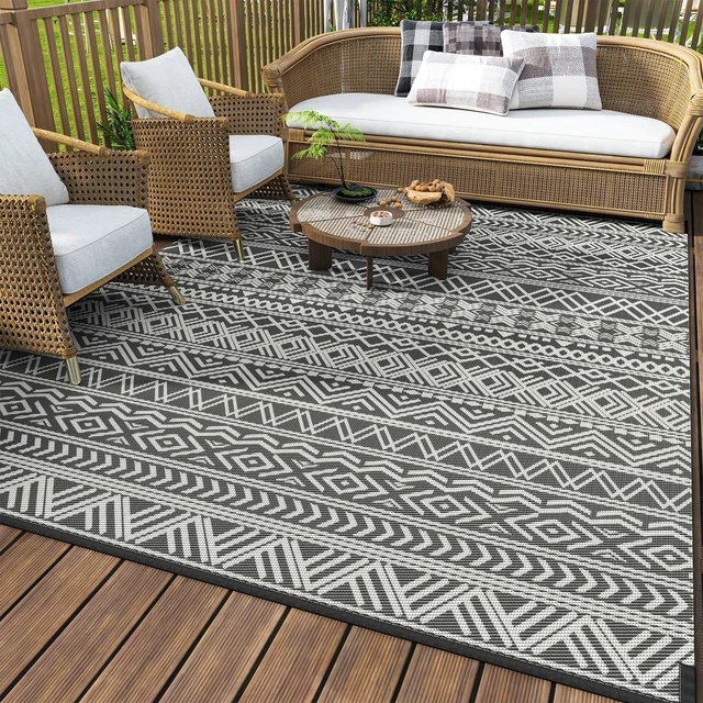 Alt view image 7 of 7 - Outdoor Rug Carpet Waterproof 9x12 Outdoor Patio Rug Mat Reverisble Plastic Straw Outdoor Rug for RV Camping Picnic Beach Balcony Boho Grey Large