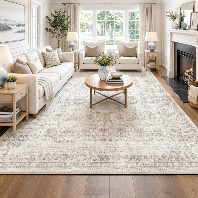 Alt view image 2 of 7 - 8x10 Washable Beige Neutral Vintage Large Living Room Area Rug | Non Slip Low Pile Soft Indoor Throw Carpet Distressed Farmhouse Traditional Retro Floral Pattern Dining Room Bedroom Nursery