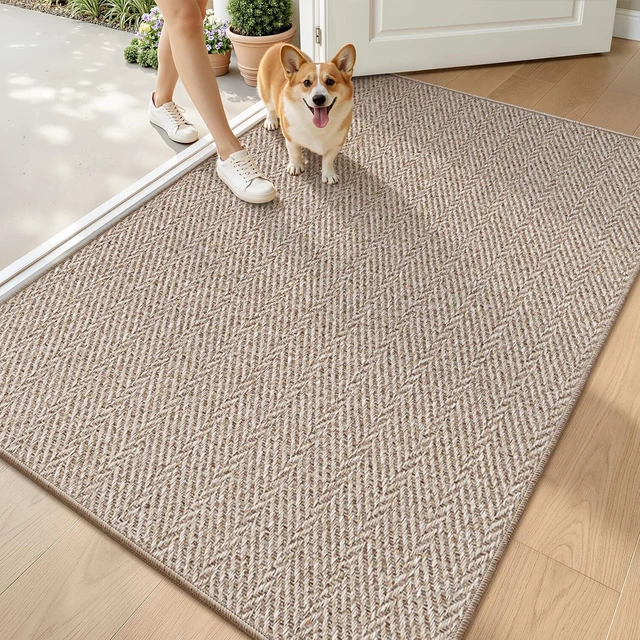 Main image of Ultra Thin Indoor Door Mat 48"x72", Entrance Doormat, Deep Beige | 0.14" Ultra Thin, Dirt-Trapping & Absorbent Quick-Dry Surface, Waterproof Non-Slip Rubber Backing, Elegant Herringbone Design