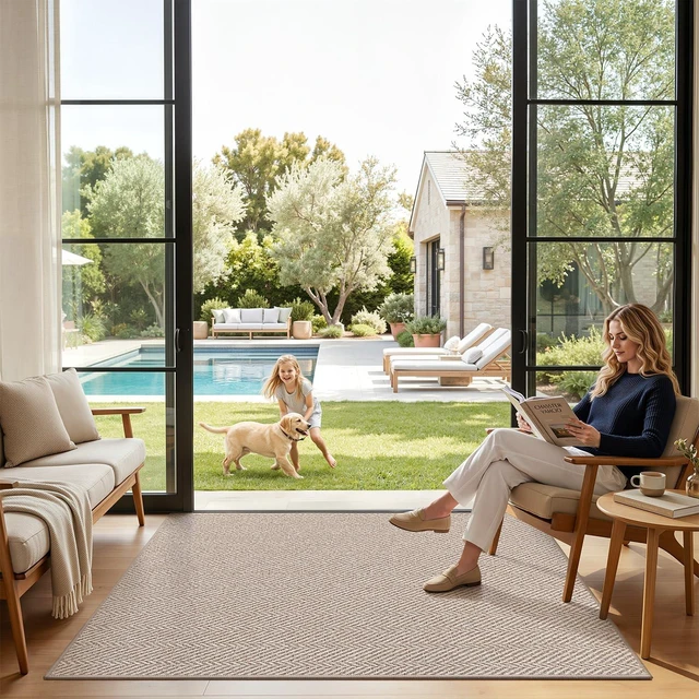 Alt view image 5 of 7 - Ultra Thin Indoor Door Mat 48"x72", Entrance Doormat, Deep Beige | 0.14" Ultra Thin, Dirt-Trapping & Absorbent Quick-Dry Surface, Waterproof Non-Slip Rubber Backing, Elegant Herringbone Design