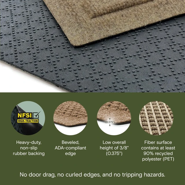 Alt view image 3 of 7 - Squares Front Door Mat Indoor Outdoor Entrance, All-Weather Mats | Heavy Duty Outdoor Doormats, Non-Slip Rubber Backing, Dirt & Moisture Trapper, Low Profile, Made in USA, 35.5"x59.5", Camel