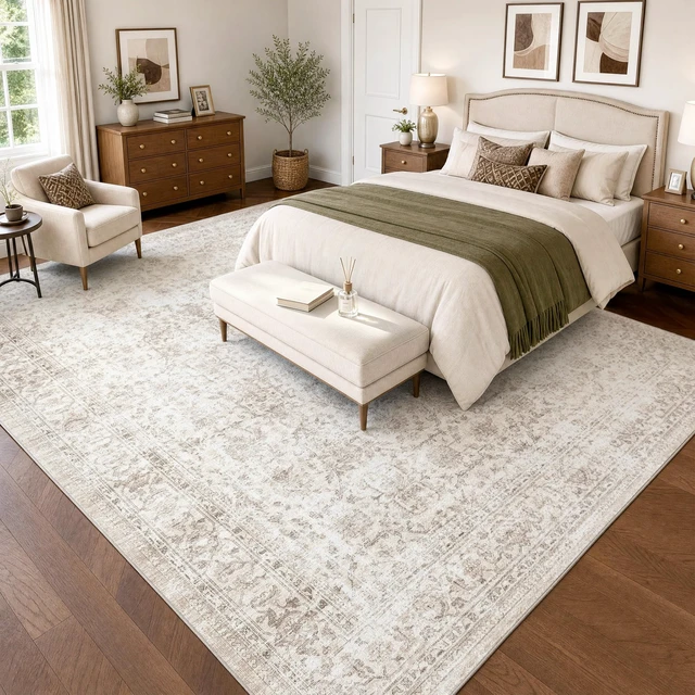 Alt view image 3 of 7 - 8x10 Washable Beige Neutral Vintage Large Living Room Area Rug | Non Slip Low Pile Soft Indoor Throw Carpet Distressed Farmhouse Traditional Retro Floral Pattern Dining Room Bedroom Nursery