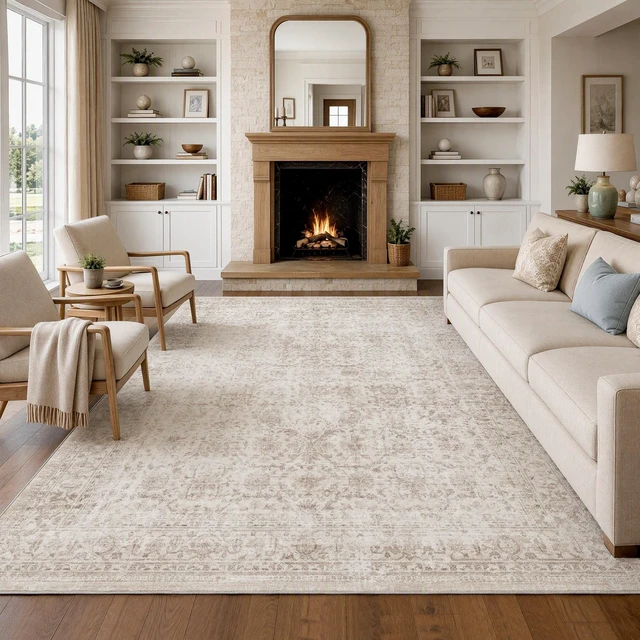 Main image of 8x10 Washable Beige Neutral Vintage Large Living Room Area Rug | Non Slip Low Pile Soft Indoor Throw Carpet Distressed Farmhouse Traditional Retro Floral Pattern Dining Room Bedroom Nursery