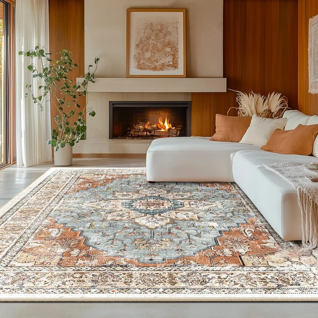 Main image of Washable Boho 8x10 Area Rug, No Pile, Living Room, Green Brick | Machine washable rug, distressed boho floral print, low-profile no-pile design for entryway, kitchen, bedroom, living room