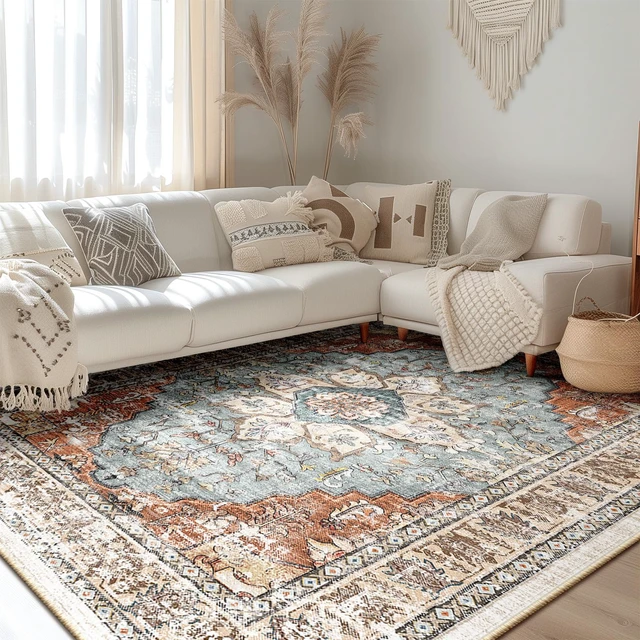 Alt view image 2 of 7 - Washable Boho 8x10 Area Rug, No Pile, Living Room, Green Brick | Machine washable rug, distressed boho floral print, low-profile no-pile design for entryway, kitchen, bedroom, living room