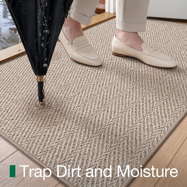 Alt view image 4 of 7 - Ultra Thin Indoor Door Mat 48"x72", Entrance Doormat, Deep Beige | 0.14" Ultra Thin, Dirt-Trapping & Absorbent Quick-Dry Surface, Waterproof Non-Slip Rubber Backing, Elegant Herringbone Design