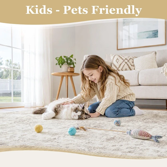 Alt view image 6 of 7 - 8x10 Washable Beige Neutral Vintage Large Living Room Area Rug | Non Slip Low Pile Soft Indoor Throw Carpet Distressed Farmhouse Traditional Retro Floral Pattern Dining Room Bedroom Nursery