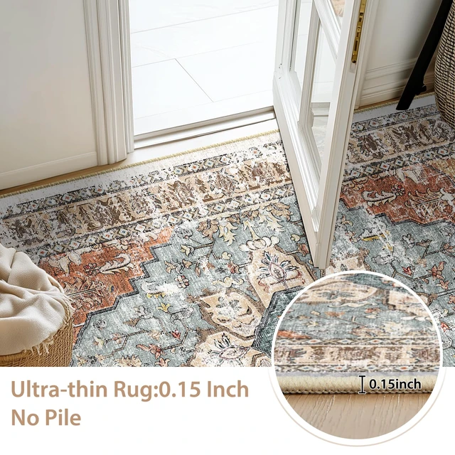 Alt view image 5 of 7 - Washable Boho 8x10 Area Rug, No Pile, Living Room, Green Brick | Machine washable rug, distressed boho floral print, low-profile no-pile design for entryway, kitchen, bedroom, living room
