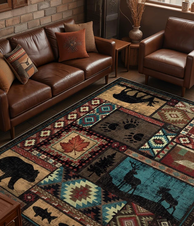 Main image of 6x9 Rustic Cabin Area Rugs for Living Room Brown | Washable Soft Low Pile Print Lodge Bear Rug, Non Slip Southwestern Rug for Bedroom