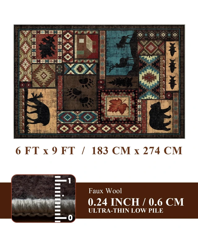 Alt view image 2 of 7 - 6x9 Rustic Cabin Area Rugs for Living Room Brown | Washable Soft Low Pile Print Lodge Bear Rug, Non Slip Southwestern Rug for Bedroom