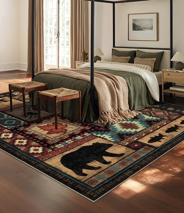 Alt view image 3 of 7 - 6x9 Rustic Cabin Area Rugs for Living Room Brown | Washable Soft Low Pile Print Lodge Bear Rug, Non Slip Southwestern Rug for Bedroom