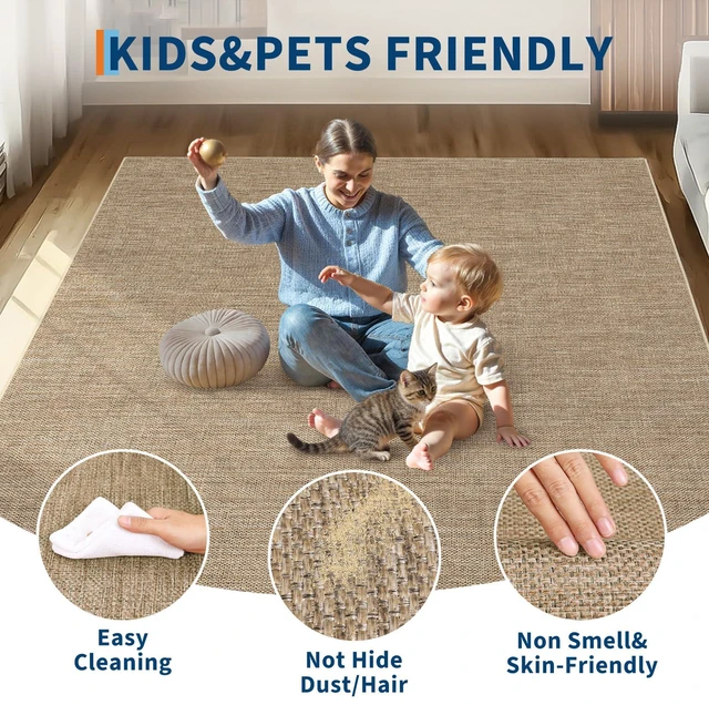 Alt view image 4 of 7 - 5x7 Washable Area Rug for Bedroom Non Slip Easy Jute Rugs | Modern Easy Jute Living Room Rugs Neutral Bordered Stain Resistant Indoor Throw Carpet for Nursery Kitchen Entryway, Jute
