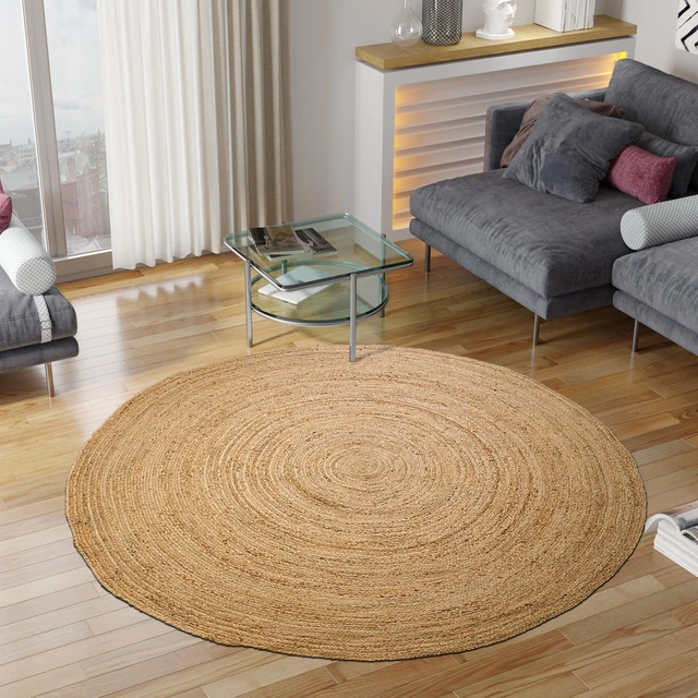 Alt view image 6 of 7 - Jute Braided Woven Area Rug 6 Feet Round - Natural | Reversible Large Space Circle Rugs for Living Room, Easy Clean Indoor Decorative Floor Carpet