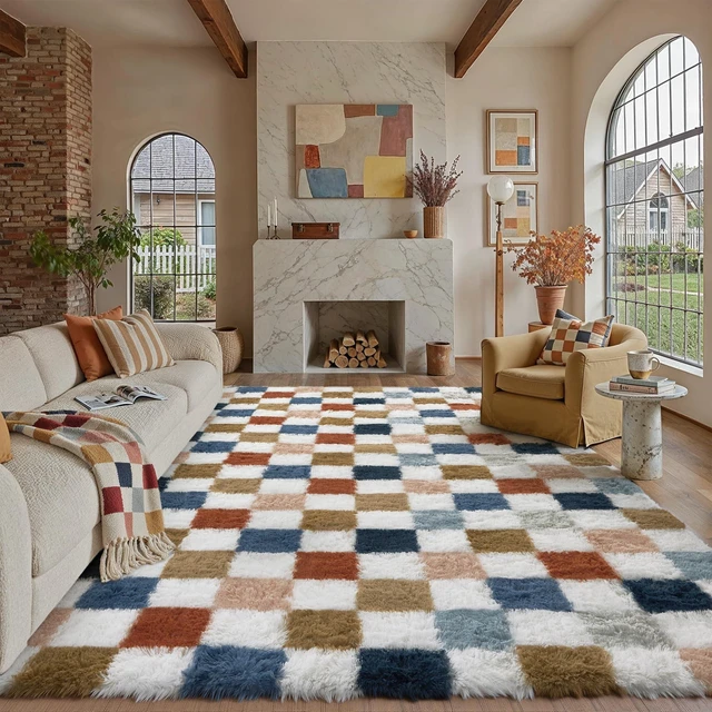 Main image of Checkered Area Rug 8x10 for Living Room Soft Fluffy Shag Carpet | Machine Washable, Non-Slip, Colorful, High Pile, Cozy for Bedroom, Kids Room, Nursery, Playroom, Classroom, Modern Decor