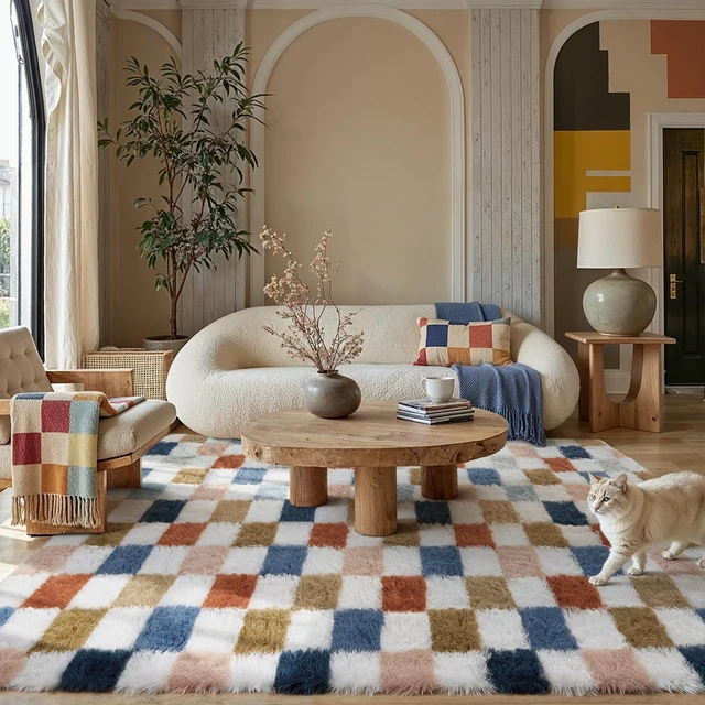 Alt view image 3 of 7 - Checkered Area Rug 8x10 for Living Room Soft Fluffy Shag Carpet | Machine Washable, Non-Slip, Colorful, High Pile, Cozy for Bedroom, Kids Room, Nursery, Playroom, Classroom, Modern Decor