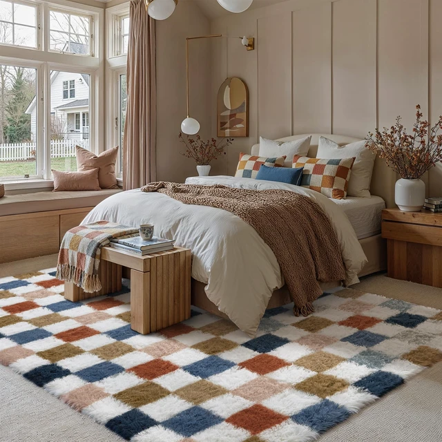 Alt view image 4 of 7 - Checkered Area Rug 8x10 for Living Room Soft Fluffy Shag Carpet | Machine Washable, Non-Slip, Colorful, High Pile, Cozy for Bedroom, Kids Room, Nursery, Playroom, Classroom, Modern Decor