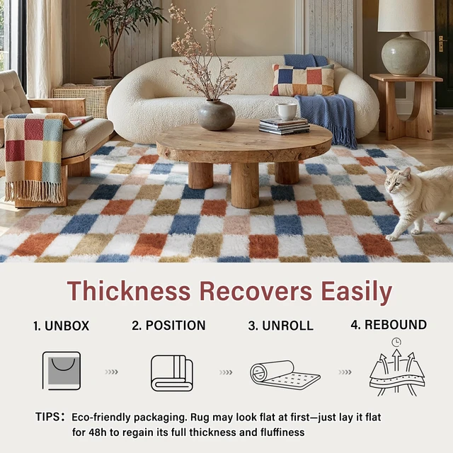 Alt view image 5 of 7 - Checkered Area Rug 8x10 for Living Room Soft Fluffy Shag Carpet | Machine Washable, Non-Slip, Colorful, High Pile, Cozy for Bedroom, Kids Room, Nursery, Playroom, Classroom, Modern Decor