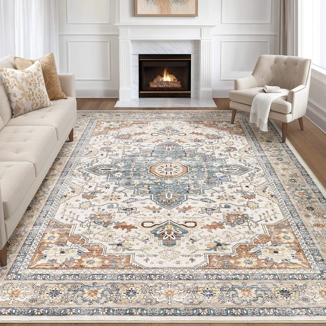 Main image of 8x10 Area Rugs Washable Vintage Boho Living Room Rug Beige Blue | Neutral Soft Stain Resistant Distressed Farmhouse Non-Slip Indoor Floor Carpet for Bedroom Nursery Kids Office Dining Room