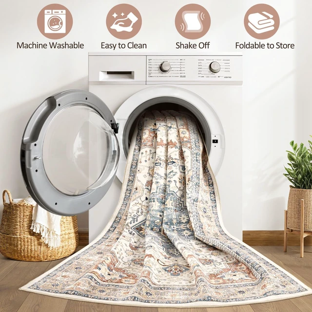 Alt view image 2 of 7 - 8x10 Area Rugs Washable Vintage Boho Living Room Rug Beige Blue | Neutral Soft Stain Resistant Distressed Farmhouse Non-Slip Indoor Floor Carpet for Bedroom Nursery Kids Office Dining Room